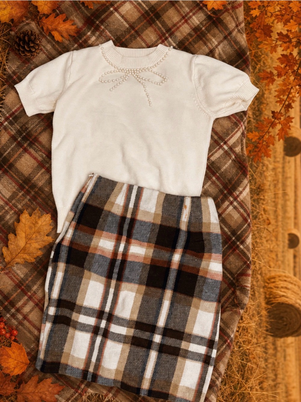 SHEIN Cream and Brown Plaid Midi Skirt